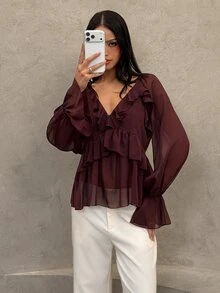 Aloruh Women's Solid Color Patchwork Ruffle Long Sleeve Fashion Blouse Autumn Outfits For Women  Romantic Dark Brown Ruffled V-Neck Shirt - Purple - View 5