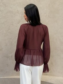 Aloruh Women's Solid Color Patchwork Ruffle Long Sleeve Fashion Blouse Autumn Outfits For Women  Romantic Dark Brown Ruffled V-Neck Shirt - Purple - View 2