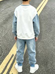 Teen Boys Denim Look Patchwork Letter Print Sweatshirt & Joggers Set, Crew Neck Pullover + Elastic Waist Pants, Autumn/Winter, Street - Multicolor - View 2
