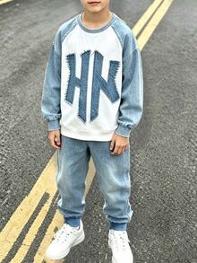 Teen Boys Denim Look Patchwork Letter Print Sweatshirt & Joggers Set, Crew Neck Pullover + Elastic Waist Pants, Autumn/Winter, Street - Multicolor - View 3
