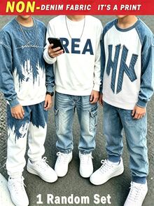 Teen Boys Denim Look Patchwork Letter Print Sweatshirt & Joggers Set, Crew Neck Pullover + Elastic Waist Pants, Autumn/Winter, Street - Multicolor - View 1