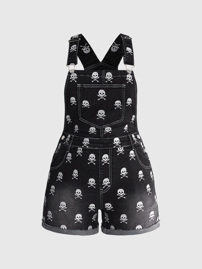 Grunge Punk Y2K Vintage Skull Print Plus Size Denim Rolled Hem Shorts Jumpsuit