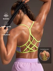 Powerista Women's Contrast Color Back Cutout Daily Fitness Sports Bra Backless Gym Fitness Running Going Out Workout Yellow Purple Fashion Casual Racer Back - Purple - View 8