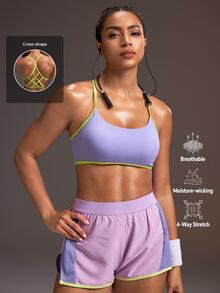 Powerista Women's Contrast Color Back Cutout Daily Fitness Sports Bra Backless Gym Fitness Running Going Out Workout Yellow Purple Fashion Casual Racer Back - Purple - View 2