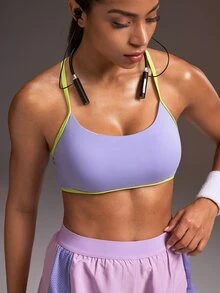 Powerista Women's Contrast Color Back Cutout Daily Fitness Sports Bra Backless Gym Fitness Running Going Out Workout Yellow Purple Fashion Casual Racer Back - Purple - View 4