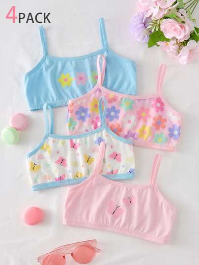 4-Piece Girls Toddler Sleeveless Tank Undershirts,Baby Pink, Floral Sunflower Butterfly Graphic Print Soft Skin-Friendly Base Layer Tops Winter