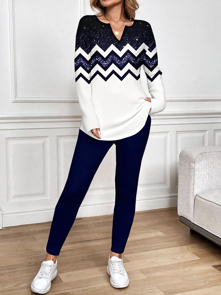 SHEIN LUNE 2pcs/Set Women Plus Size Geometric Print Long Sleeve T-Shirt And Leggings,  Pullover For Women Comfy Sets Women,Flower/Spring/Summer/Vacation Fall - Multicolor - View 3