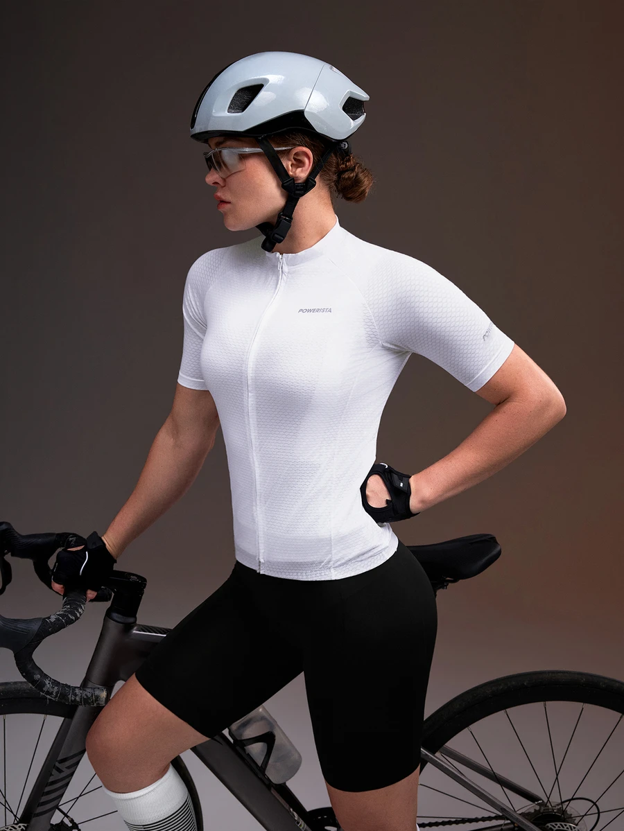 Powerista Women's Letter Pattern Zipper Casual Daily Cycling Short Sleeve Top White Quick-Drying Cycling Jersey With Reflective Design Breathable Workout
