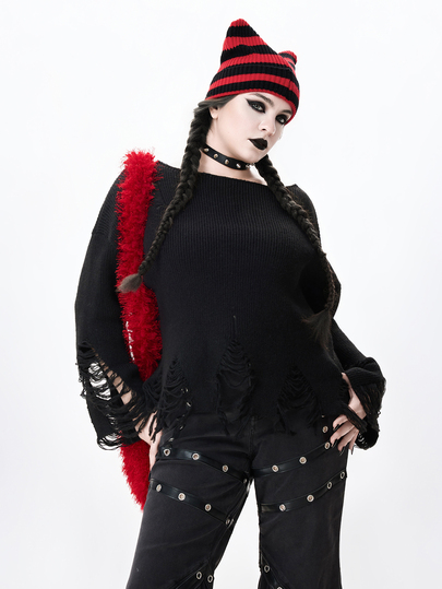 Grunge Punk Plus Size Women's Solid Color Drop Shoulder Long Sleeve Casual Distressed Pullover Sweater