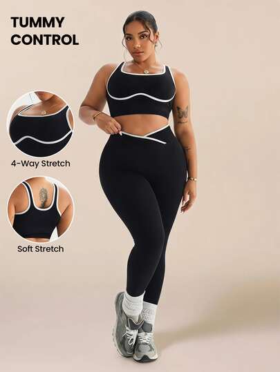 Rhythm Era Plus Size Women Contrast Color Close-Fitting Comfortable Sports Set