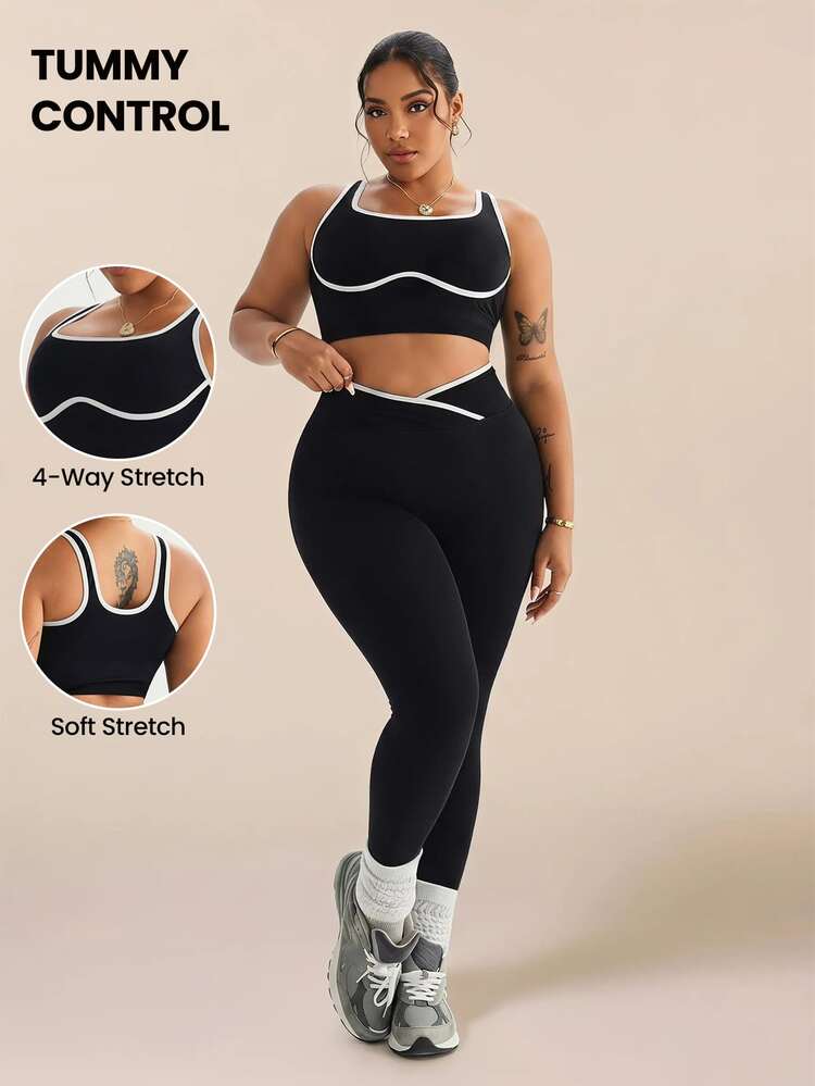 Rhythm Era Plus Size Women Contrast Color Close-Fitting Comfortable Sports Set - Black and White - View 1