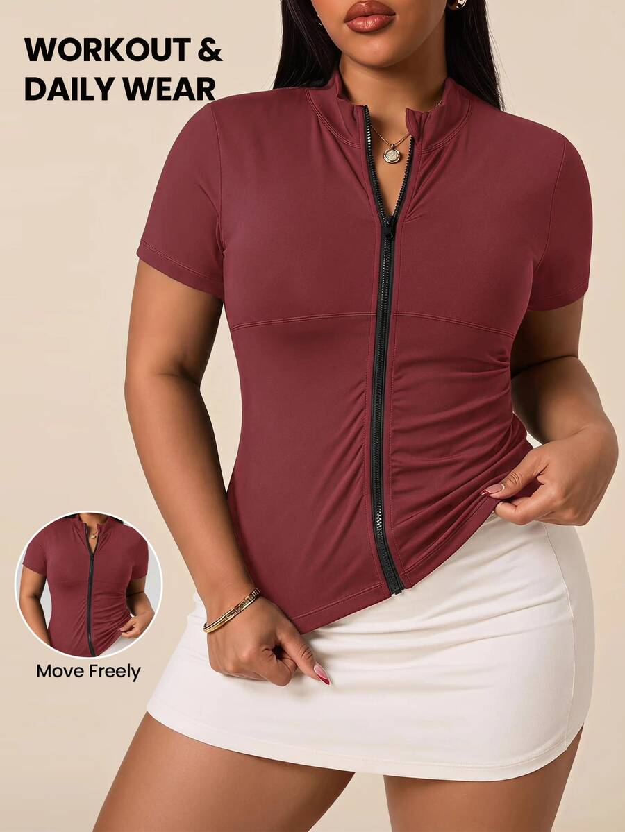 SHEIN Rhythm Era Plus Size Sports Jacket Dopamine Pink Shoulder-Fit Short Sleeve Cardigan Zip-Up Top Outerwear - Red Plum - View 1