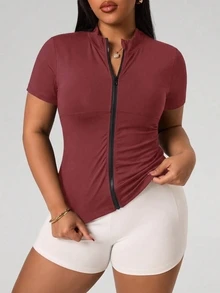 SHEIN Rhythm Era Plus Size Sports Jacket Dopamine Pink Shoulder-Fit Short Sleeve Cardigan Zip-Up Top Outerwear - Red Plum - View 3