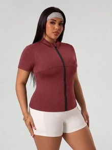 SHEIN Rhythm Era Plus Size Sports Jacket Dopamine Pink Shoulder-Fit Short Sleeve Cardigan Zip-Up Top Outerwear - Red Plum - View 4