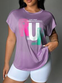 SHEIN Rhythm Era 大尺碼女款字母印花蝙蝠袖圓領運動T恤 - 淡紫色 - 查看 6