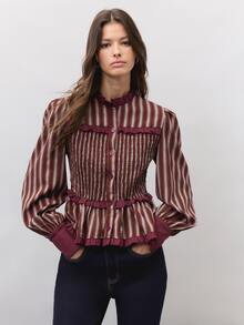 Nöista  Burgundy Striped, Gathered, Fitted, Ruffled Top  Romantic And Practical.  Wardrobe Staple For Women Dates, Everyday Wear,Parties.Fall Winter,Cute,. - Burgundy - View 3