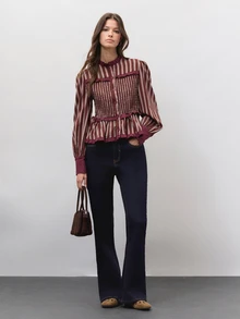 Nöista  Burgundy Striped, Gathered, Fitted, Ruffled Top  Romantic And Practical.  Wardrobe Staple For Women Dates, Everyday Wear,Parties.Fall Winter,Cute,. - Burgundy - View 8