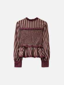 Nöista  Burgundy Striped, Gathered, Fitted, Ruffled Top  Romantic And Practical.  Wardrobe Staple For Women Dates, Everyday Wear,Parties.Fall Winter,Cute,. - Burgundy - View 7