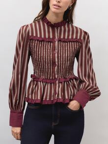 Nöista  Burgundy Striped, Gathered, Fitted, Ruffled Top  Romantic And Practical.  Wardrobe Staple For Women Dates, Everyday Wear,Parties.Fall Winter,Cute,. - Burgundy - View 2