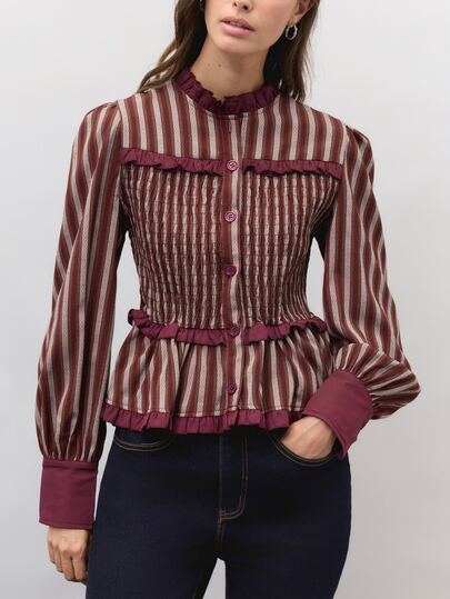 Nöista  Burgundy Striped, Gathered, Fitted, Ruffled Top  Romantic And Practical.  Wardrobe Staple For Women Dates, Everyday Wear,Parties.Fall Winter,Cute,.