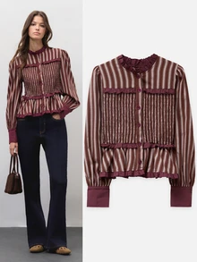 Nöista  Burgundy Striped, Gathered, Fitted, Ruffled Top  Romantic And Practical.  Wardrobe Staple For Women Dates, Everyday Wear,Parties.Fall Winter,Cute,. - Burgundy - View 1