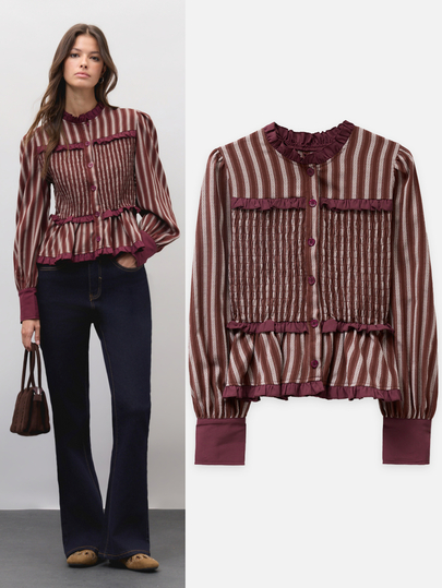 Nöista Blusa de color burdeos a rayas, fruncida, ajustada, con volantes, romántica y práctica. Prenda básica para mujeres, citas, uso diario, fiestas. Otoño invierno, linda.