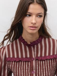 Nöista  Burgundy Striped, Gathered, Fitted, Ruffled Top  Romantic And Practical.  Wardrobe Staple For Women Dates, Everyday Wear,Parties.Fall Winter,Cute,. - Burgundy - View 5