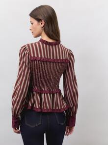 Nöista  Burgundy Striped, Gathered, Fitted, Ruffled Top  Romantic And Practical.  Wardrobe Staple For Women Dates, Everyday Wear,Parties.Fall Winter,Cute,. - Burgundy - View 4