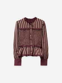 Nöista  Burgundy Striped, Gathered, Fitted, Ruffled Top  Romantic And Practical.  Wardrobe Staple For Women Dates, Everyday Wear,Parties.Fall Winter,Cute,. - Burgundy - View 6