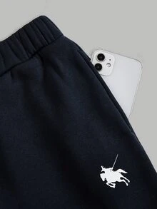 SHEIN 青少年女孩海軍藍白色拼接POLO半拉鍊立領長袖運動衫與寬腿褲套裝，學院風秋季穿搭秋季服飾套裝 - 藏蓝色 - 查看 7