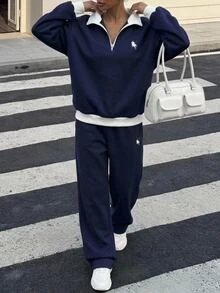 SHEIN 青少年女孩海軍藍白色拼接POLO半拉鍊立領長袖運動衫與寬腿褲套裝，學院風秋季穿搭秋季服飾套裝 - 藏蓝色 - 查看 4