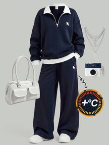 SHEIN 青少年女孩海軍藍白色拼接POLO半拉鍊立領長袖運動衫與寬腿褲套裝，學院風秋季穿搭秋季服飾套裝 - 藏蓝色 - 查看 3