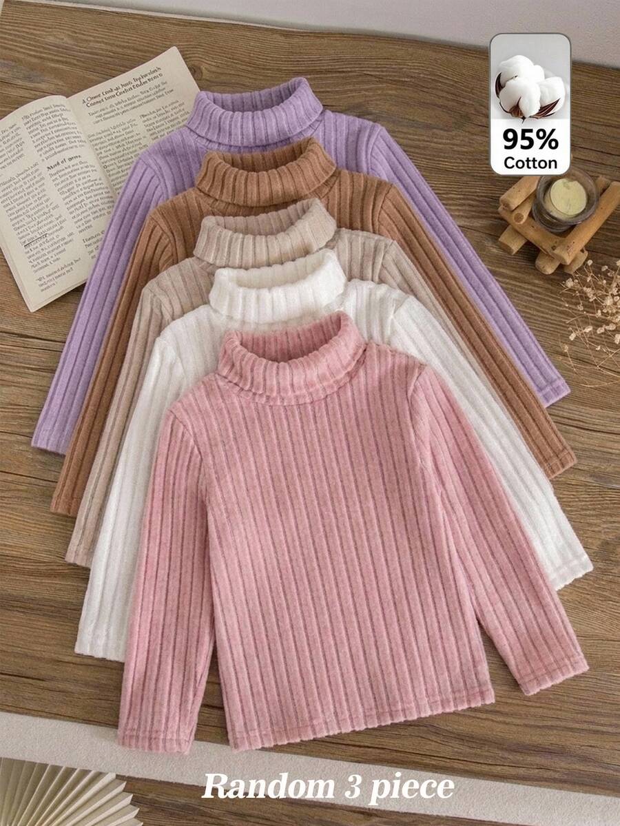 SHEIN 3pcs/Set Kids Young Girl Autumn/Winter Casual Solid Color High Neck T-Shirt Fall Tops Fall Style Autumn/Winter Cozy Vibes, Fall Vibes - Multicolor - View 1
