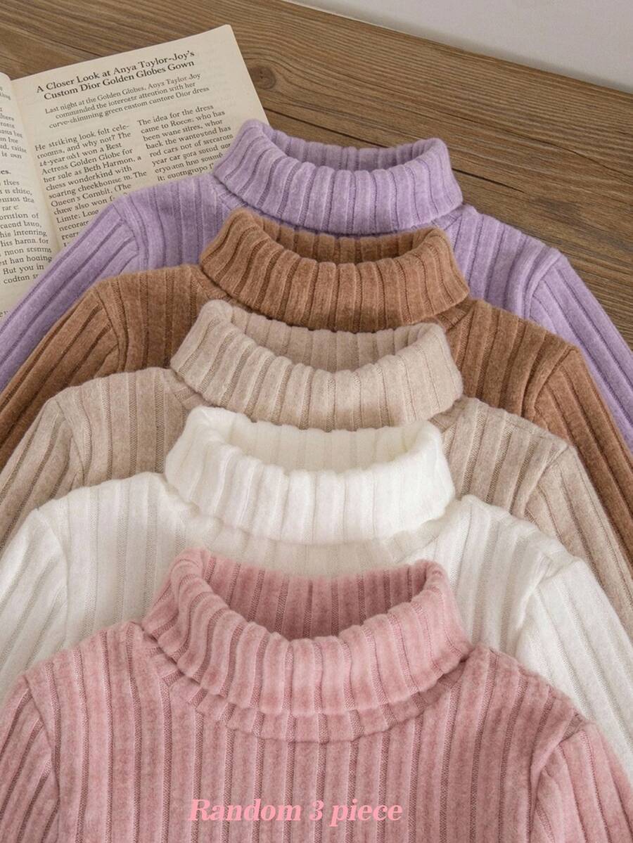 SHEIN 3件組女童青少年女孩秋冬休閒純色高領T恤上衣，秋季風格，秋冬舒適氛圍 - 彩色 - 查看 1