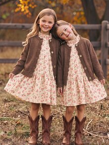SHEIN Young Girl Young Girl Young Girl Young Girls Cardigans Autumn/Winter Fitted Crew Neck Sweater Jacket - Coffee Brown - View 3