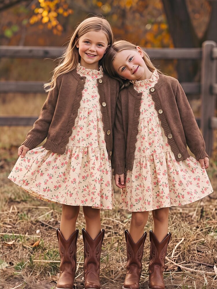 SHEIN Young Girl Young Girl Young Girl Young Girls Cardigans Autumn/Winter Fitted Crew Neck Sweater Jacket - Coffee Brown - View 2
