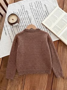 SHEIN Young Girl Young Girl Young Girl Young Girls Cardigans Autumn/Winter Fitted Crew Neck Sweater Jacket - Coffee Brown - View 8