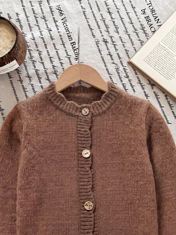 SHEIN Young Girl Young Girl Young Girl Young Girls Cardigans Autumn/Winter Fitted Crew Neck Sweater Jacket - Coffee Brown - View 6
