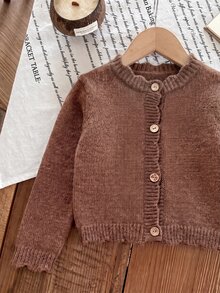 SHEIN Young Girl Young Girl Young Girl Young Girls Cardigans Autumn/Winter Fitted Crew Neck Sweater Jacket - Coffee Brown - View 4