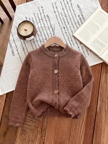 SHEIN Young Girl Young Girl Young Girl Young Girls Cardigans Autumn/Winter Fitted Crew Neck Sweater Jacket - Coffee Brown - View 10
