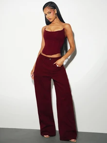 Denimoi Pointed Scoop Neck Denim Corset With Lace Up Back Sexy Tops Denim On Denim Fashionable Tops - Burgundy - View 4