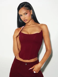 Denimoi Pointed Scoop Neck Denim Corset With Lace Up Back Sexy Tops Denim On Denim Fashionable Tops - Burgundy - View 5