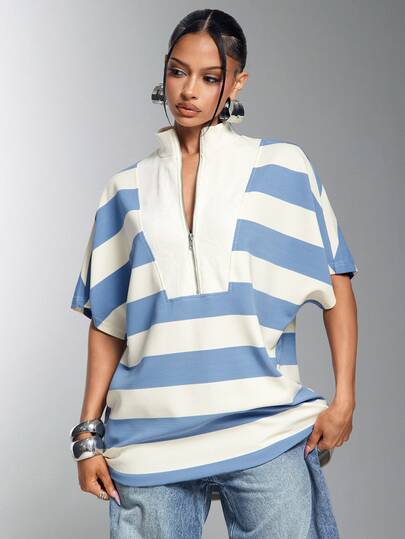 Denimoi Oversized Stripe Polo Shirt Fashion Tops Stripe Tops Everyday Wear Polo Tee Streetwear