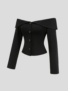 Sweetra Fashionable Sexy Off-Shoulder Design Spring Long Sleeve Elegant Minimalist Commuter Versatile American White-Collar Professional Style Women's Blazer - Black - View 3