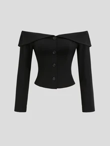 Sweetra Fashionable Sexy Off-Shoulder Design Spring Long Sleeve Elegant Minimalist Commuter Versatile American White-Collar Professional Style Women's Blazer - Black - View 1