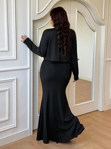 GalTyme 大尺碼女款美人魚裙配長袖T恤2件套，秋冬晚餐雞尾酒會約會之夜派對黑色優雅性感 - 黑色 - 查看 2
