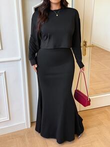 GalTyme 大尺碼女款美人魚裙配長袖T恤2件套，秋冬晚餐雞尾酒會約會之夜派對黑色優雅性感 - 黑色 - 查看 6