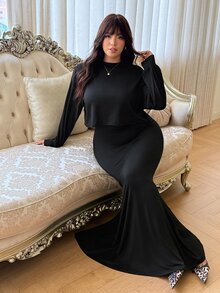 GalTyme 大尺碼女款美人魚裙配長袖T恤2件套，秋冬晚餐雞尾酒會約會之夜派對黑色優雅性感 - 黑色 - 查看 1