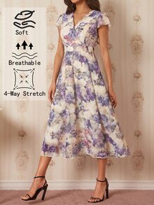 Amorya 女款V領花卉印花休閒派對長洋裝 - 紫色 - 查看 5