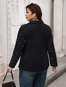 SHEIN Clasi Plus Size Beaded Decor Blazer - Black - View 3